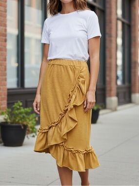 Trend Blossoms Mustard Ruffle Midi Skirt Size 12 (Runs Small) Boho